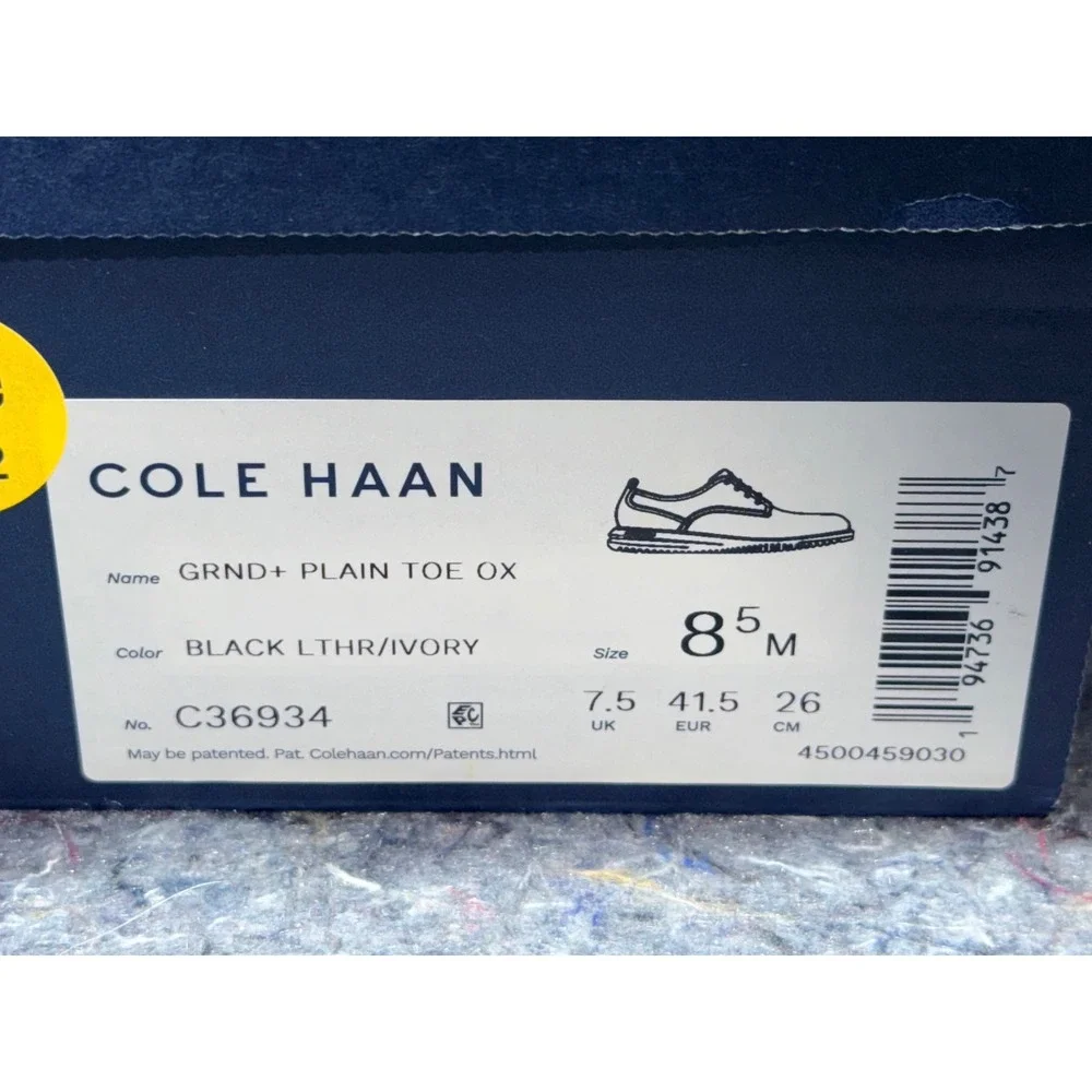 Cole Haan Grand+ Plain‎ Toe Oxford Black Leather Ivory Mens 8.5M Shoes C36934